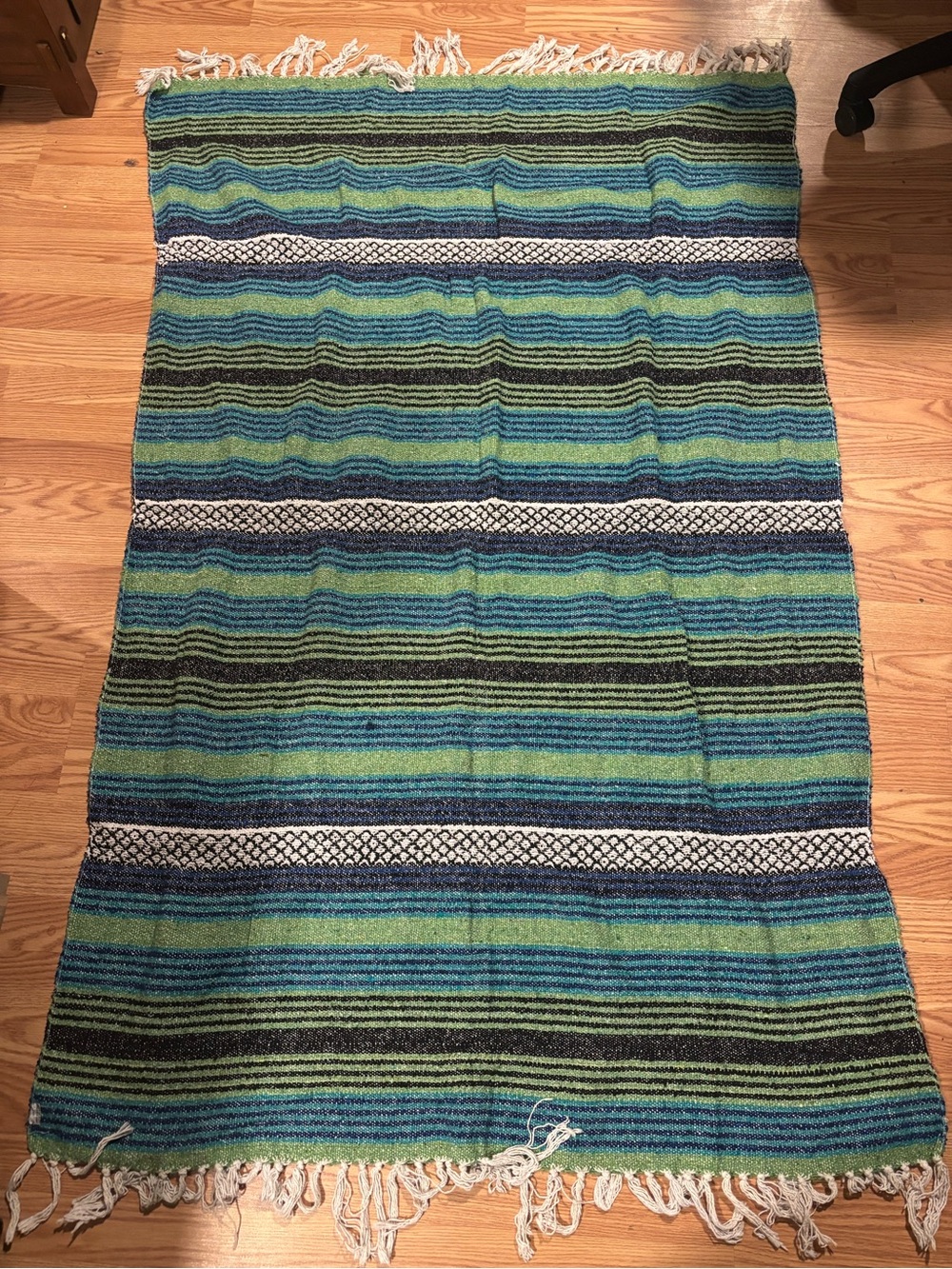 blue and green striped Mexican Baja throw blanket thick